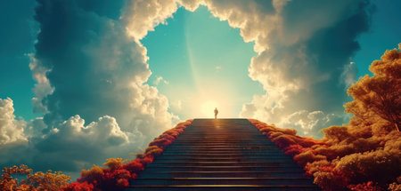 Conceptual image of a man standing on a wooden staircase leading to heavenの素材