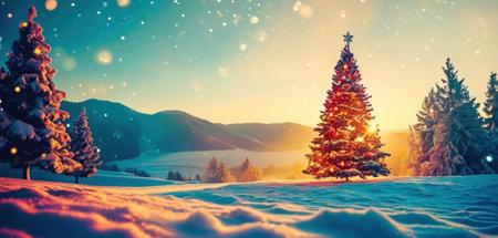 Merry Christmas and Happy New Year! Beautiful winter landscape with snowy fir trees.の素材