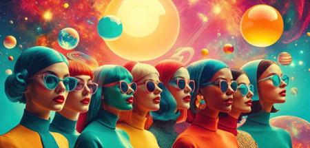 3d rendering of a group of women in space with planets in the backgroundの素材