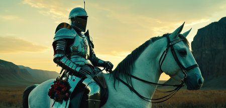 Knight in armor on horseback in the steppe at sunset.の素材
