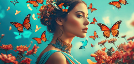 Portrait of a beautiful girl with butterflies in her hair. Beauty, fashion.の素材
