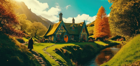 Panoramic view of a beautiful old house with a thatched roof in the middle of the meadow. Beautiful autumn landscapeの素材