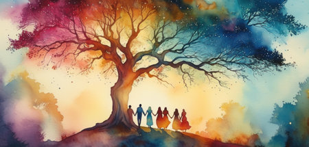 Watercolor illustration of a group of people standing under a large tree.の素材