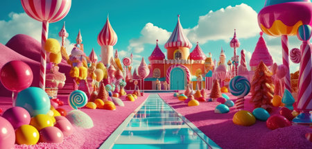 Fairy tale castle with many colorful balls and cakes. 3D renderingの素材