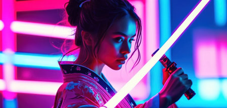 beautiful asian girl in kimono with samurai sword in neon lightの素材