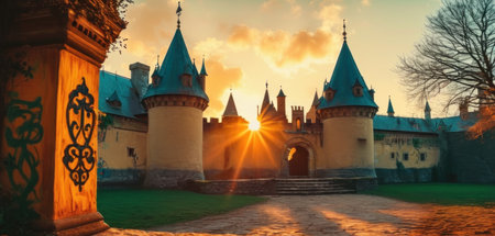 Panorama of a beautiful medieval castle at sunset. The fairytale castle in the evening.の素材