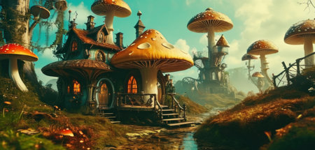 Fantasy fantasy landscape with fantasy house and mushrooms. 3d illustrationの素材