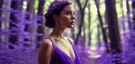 Beautiful young woman in a purple dress in a purple forest.の素材