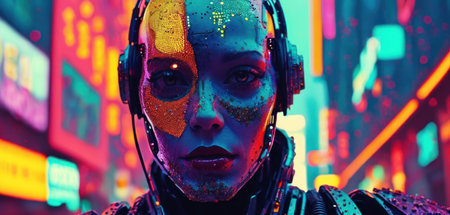Portrait of a futuristic female cyborg. The concept of cyberpunk.の素材