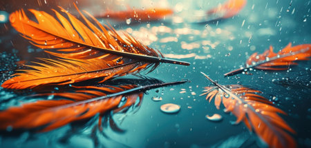 Feathers on the wet glass with drops of water. Macroの素材