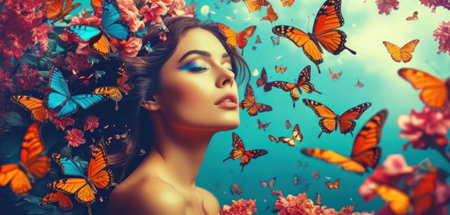 Beautiful woman surrounded by butterflies. 3d render. Beauty, fashion.の素材