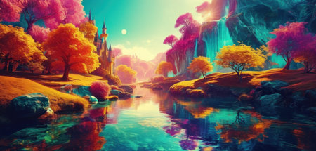 Fantasy landscape with fantasy forest and lake. 3D illustration.の素材