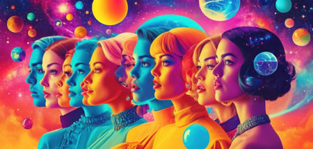 3D illustration. Group of beautiful women and planets in space.の素材