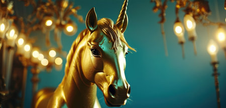 Golden horse on a blue background with a garland of lights.の素材
