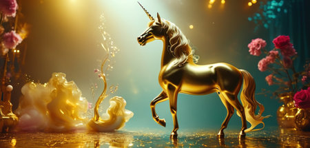 Unicorn statue on a golden background. 3d illustration.の素材