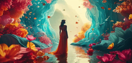 Fantasy landscape with a woman in a long red dress. 3d renderingの素材