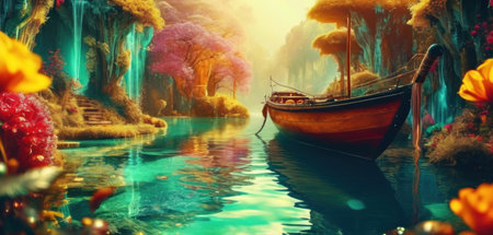Fantasy fantasy landscape with a boat on the river. 3d renderingの素材