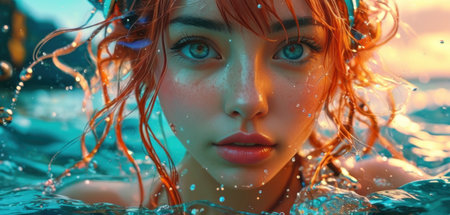 Close-up portrait of a beautiful girl with red hair in the swimming pool.の素材