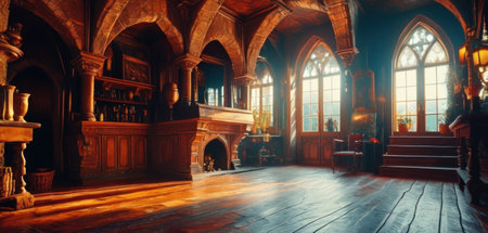 Interior of a medieval castle with wooden floor. 3d renderingの素材