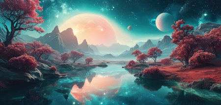 Fantasy landscape with fantasy trees and lake. 3d illustration.の素材
