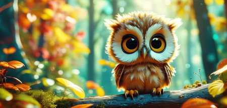 Owl in the autumn forest. 3d render. Nature backgroundの素材