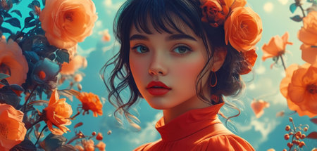 Portrait of a beautiful girl with flowers in her hair. Beauty, fashion.の素材