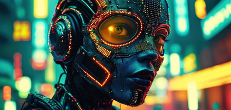 Portrait of futuristic robot with neon lights. 3D rendering.の素材
