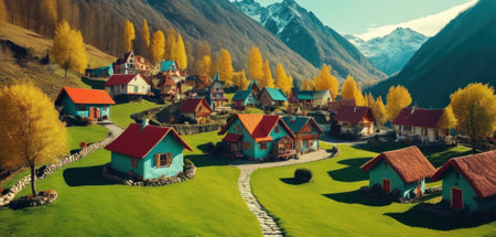 Panorama of autumn alpine village with colorful houses in the mountainsの素材