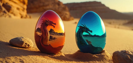 Easter eggs in the desert with a dragon in the middle.の素材