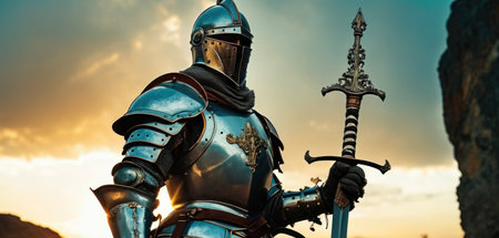 Medieval knight in armor on the background of the sunset sky.の素材