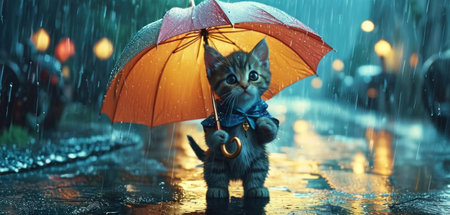 Cute kitten with umbrella in rainy day, 3d rendering.の素材