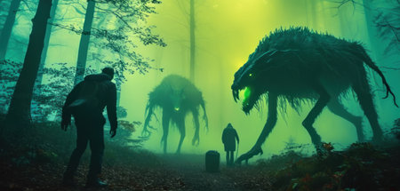 Halloween concept. Monster in the dark forest with fog. 3d renderの素材