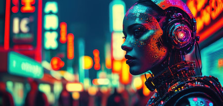 Cyborg woman in neon lights at night. 3D rendering.の素材