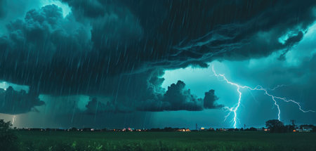 Thunderstorm in the night sky over the field. 3d renderingの素材