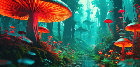 Fantasy fantasy landscape with magic mushrooms in the forest. 3d illustrationの素材