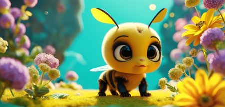 3d render of a cute little bee on a flower meadowの素材