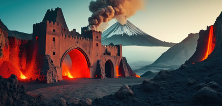 Fantasy landscape with volcano and ruins. 3d render illustration.の素材