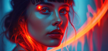 Fashion portrait of a beautiful girl with bright make-up and red neon lights.の素材