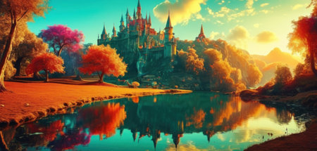 Magic castle in the autumn park. Fairytale landscape. 3D renderingの素材