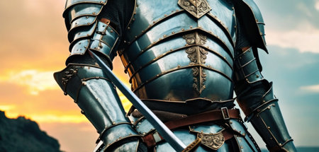 Armour of the medieval knight. Metal protection of the soldier against the background of the sunset.の素材
