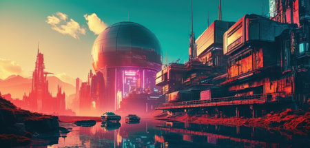 Futuristic city on the river at sunset. 3d renderingの素材