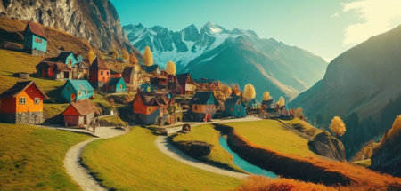 Digital painting of a village in the swiss alps, Switzerlandの素材