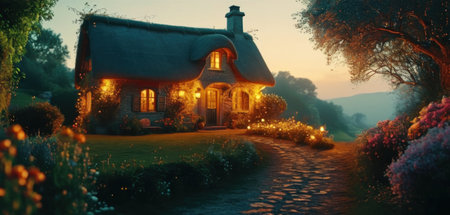 3D rendering of a beautiful cottage in the garden at sunset.の素材