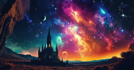 Fantasy landscape with church and nebula. 3D illustration.の素材
