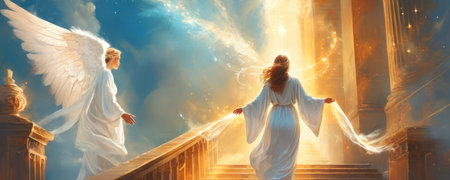 Angel with wings and fire in the sky. 3D rendering.の素材