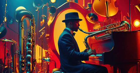 Handsome jazz musician playing the saxophone in the night club.の素材