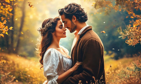 Beautiful couple in love in the autumn forest. Retro style.の素材