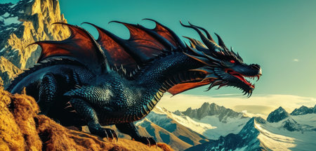 dragon on the background of the mountains. 3d render illustration.の素材