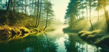 Panoramic view of a misty forest lake at sunrise.の素材