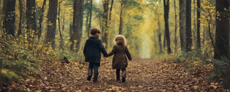 Little boy and girl walking in the autumn forest. Happy childhood concept.の素材